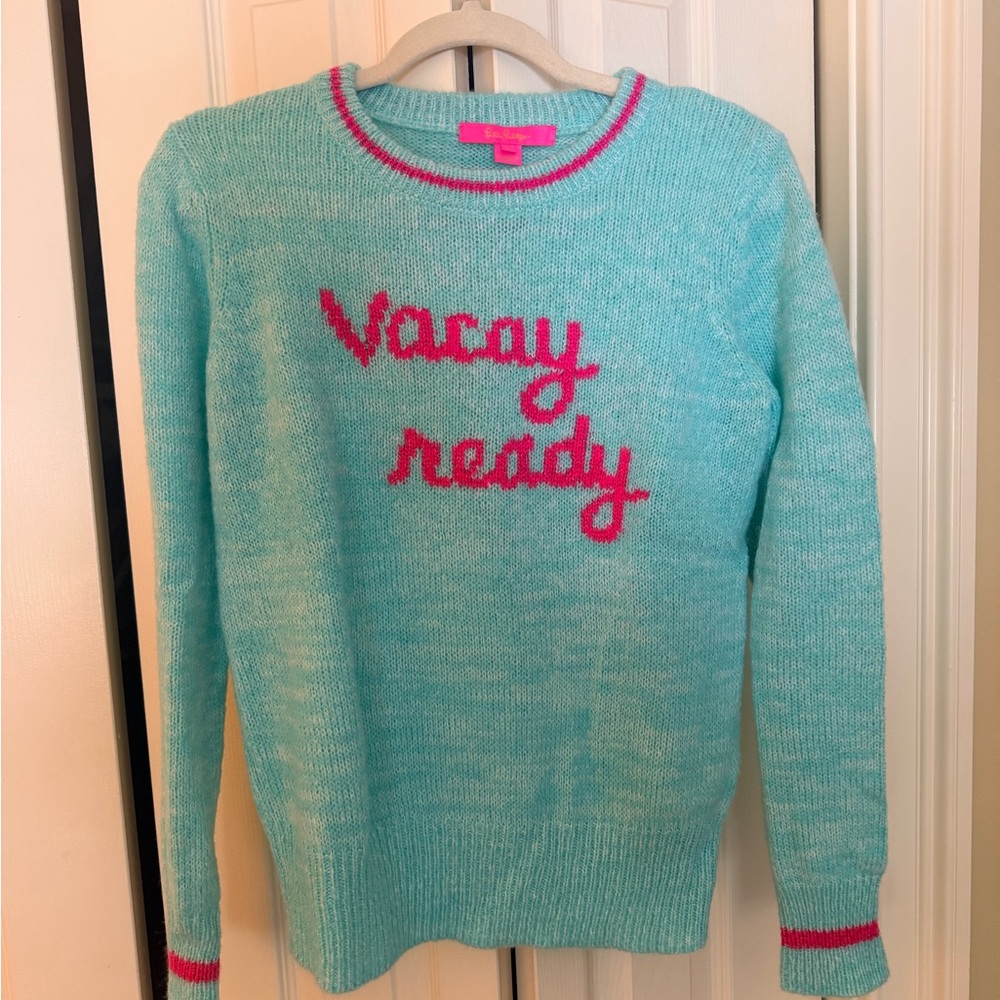 Lilly Pulitzer Aqua and Pink Crew Neck Sweater